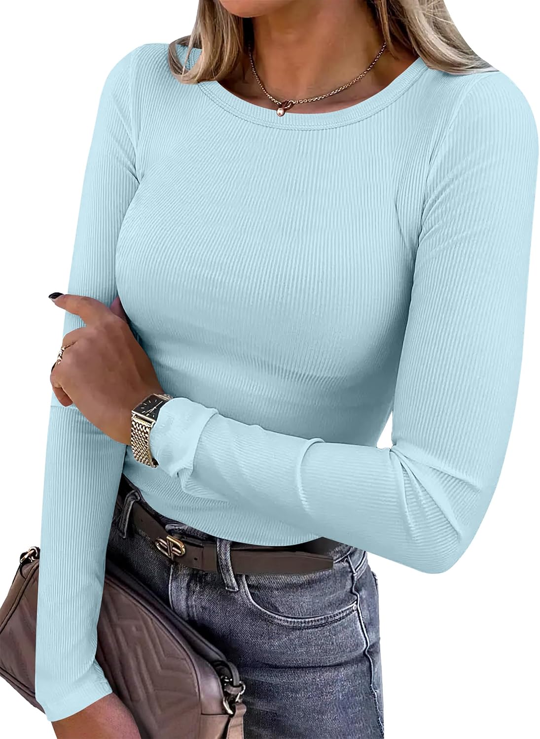 Glow Unbound Women Long Sleeve Shirts Ribbed Fitted Tops