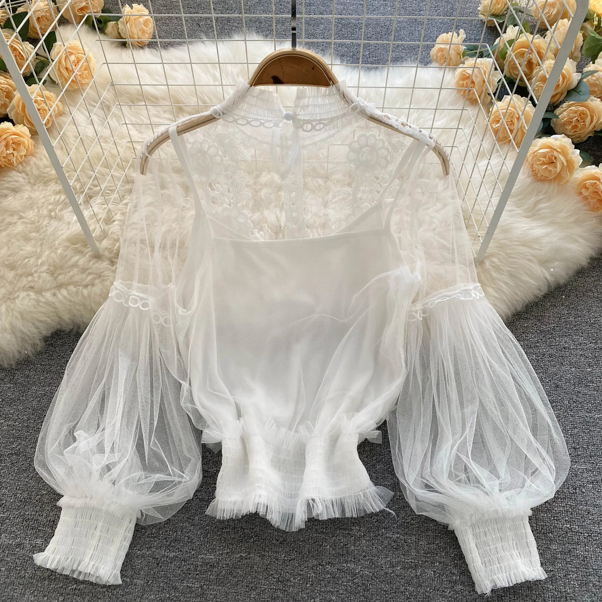 Vintage Lace Puff-Sleeve Blouse