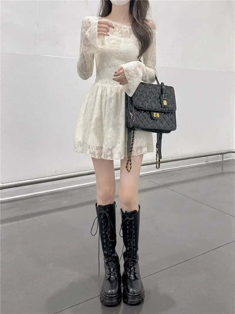 Apricot Lace Off-Shoulder Mini Dress with Flared Long Sleeves