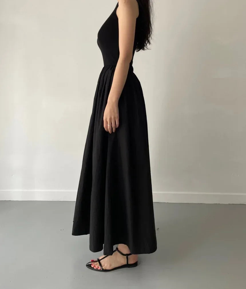 Glow Unbound LLC black midi dress with round neckline