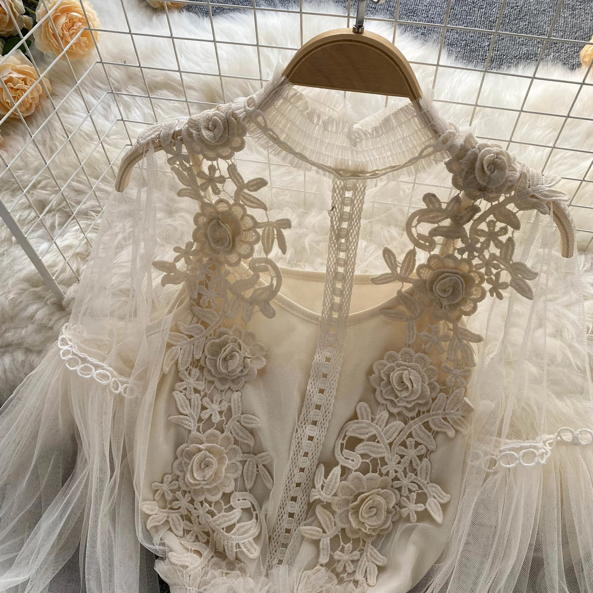 Vintage Lace Puff-Sleeve Blouse