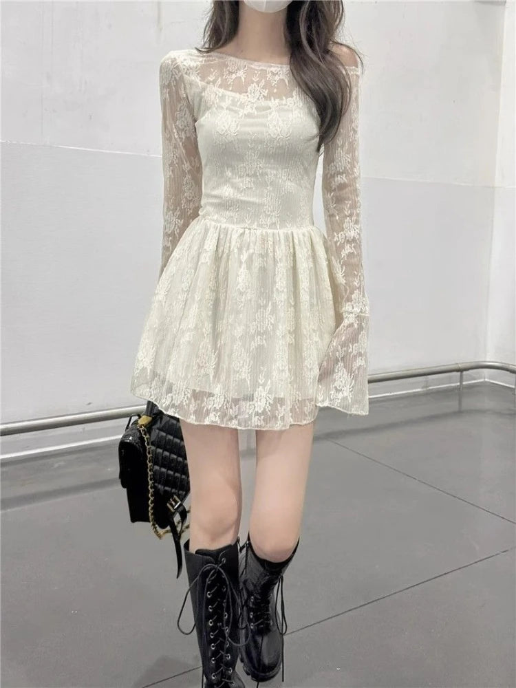 Apricot Lace Off-Shoulder Mini Dress with Flared Long Sleeves