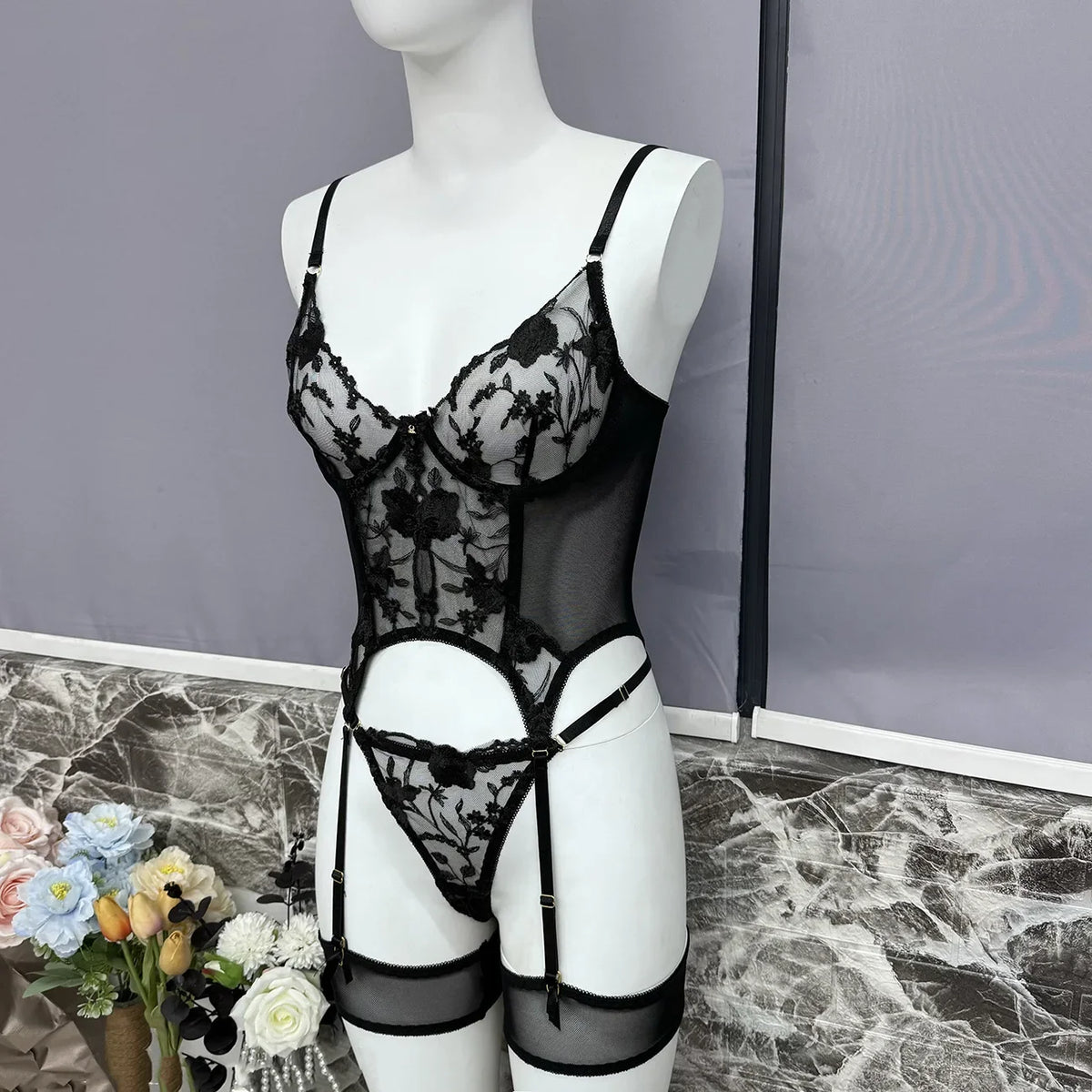 Black Sheer Embroidered Lace Lingerie Set Sizes S to L