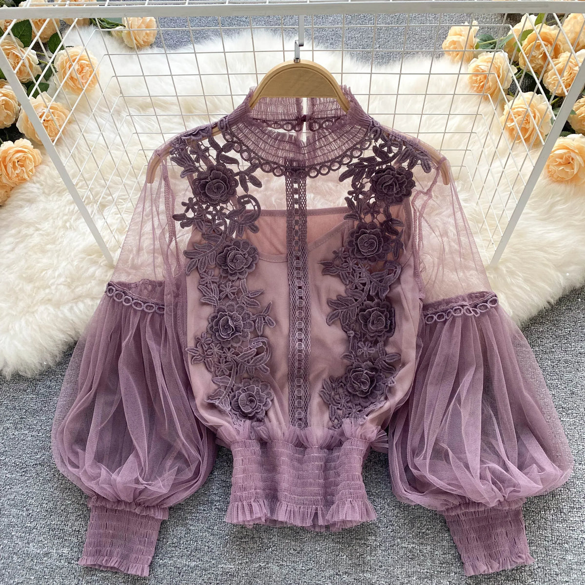 Vintage Lace Puff-Sleeve Blouse