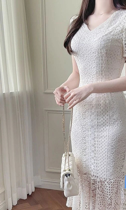 White Lace Fishtail Midi Dress, Slim Fit