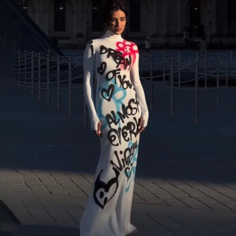 Glow Unbound LLC graffiti print turtleneck maxi dress