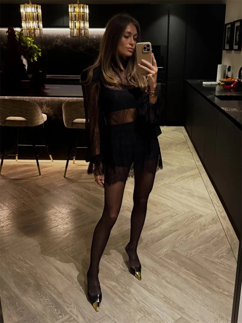 Black Sheer Lace Turtleneck Mini Dress Long Sleeve A-Line