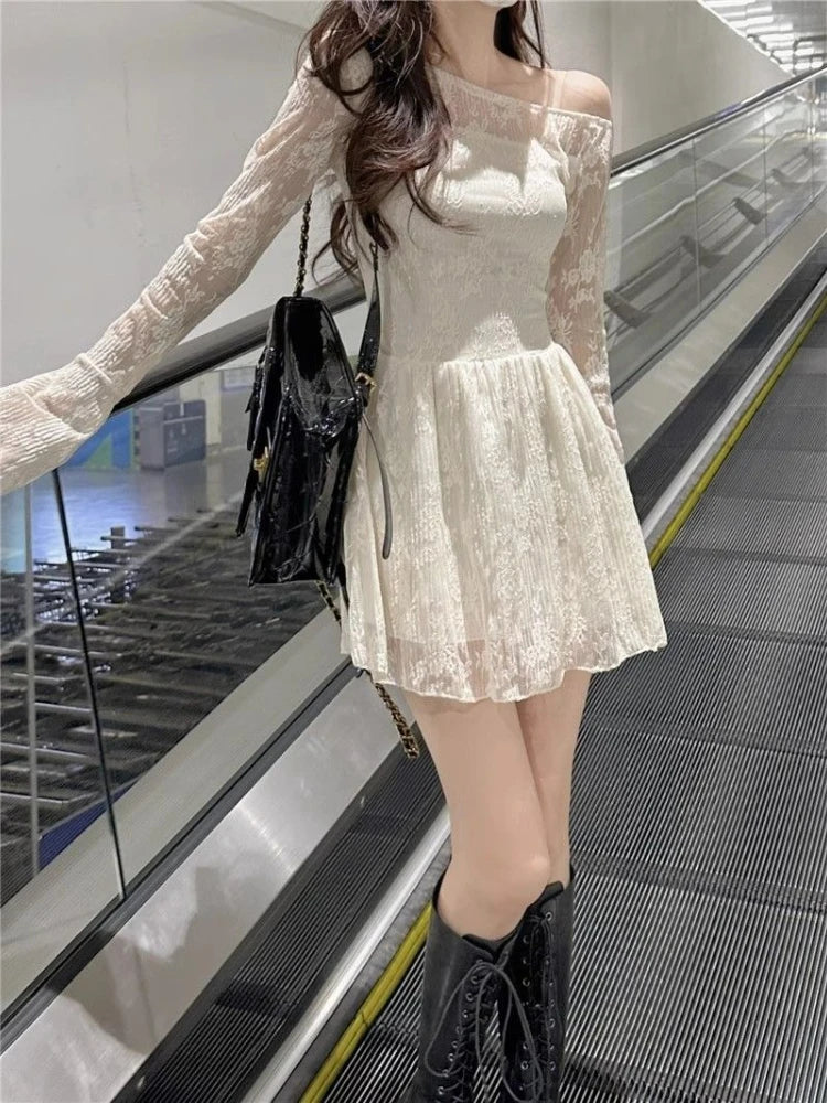 Apricot Lace Off-Shoulder Mini Dress with Flared Long Sleeves