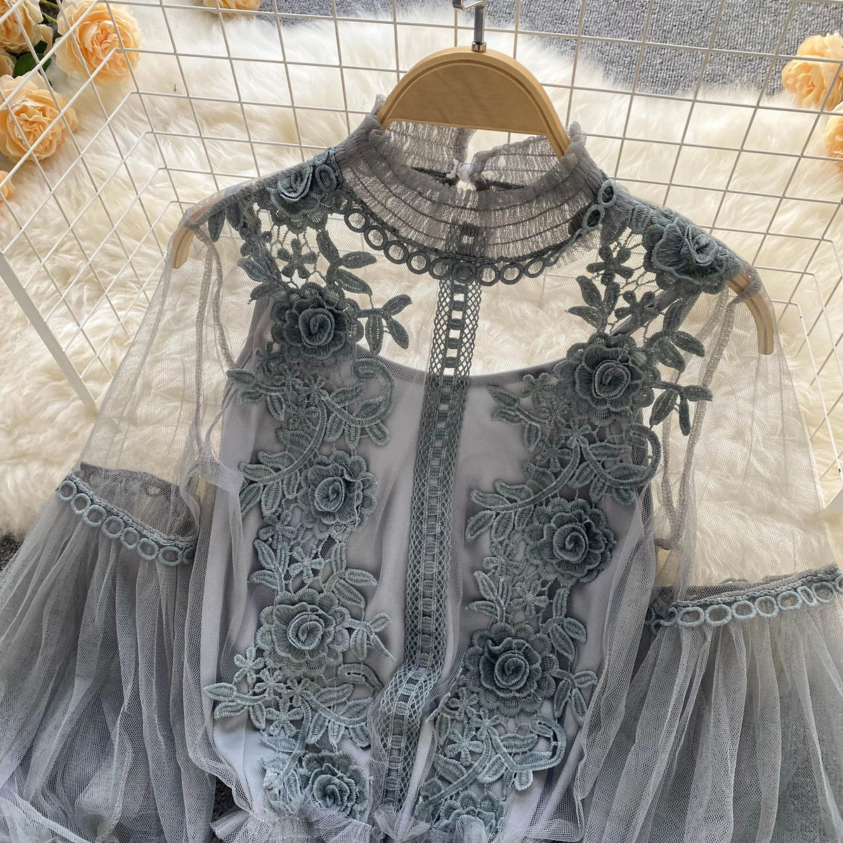 Vintage Lace Puff-Sleeve Blouse