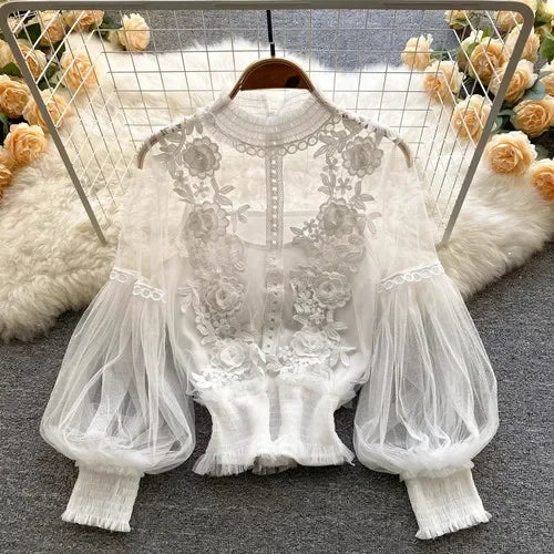 Vintage Lace Puff-Sleeve Blouse