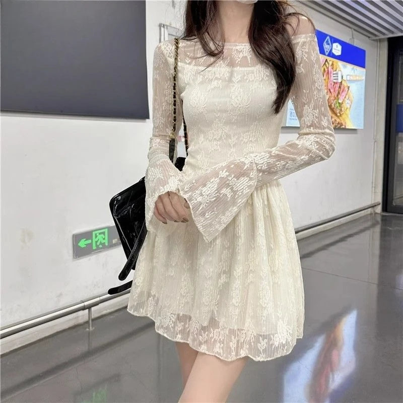 Apricot Lace Off-Shoulder Mini Dress with Flared Long Sleeves