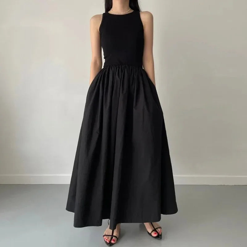 Glow Unbound LLC black midi dress with round neckline