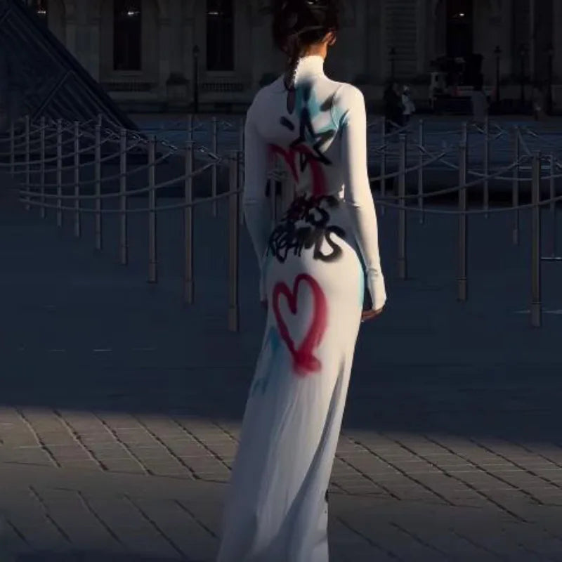Glow Unbound LLC graffiti print turtleneck maxi dress