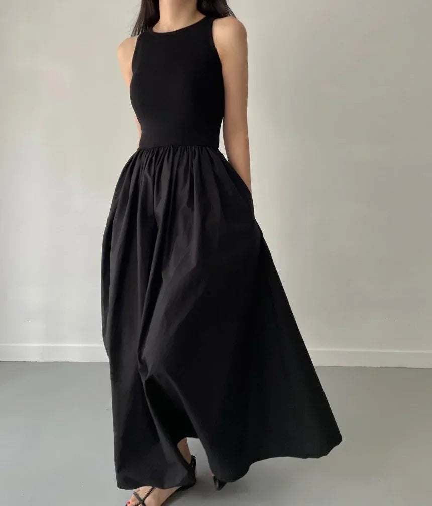 Glow Unbound LLC black midi dress with round neckline