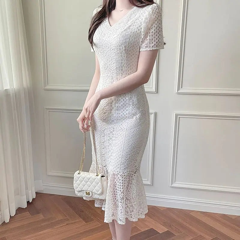 White Lace Fishtail Midi Dress, Slim Fit