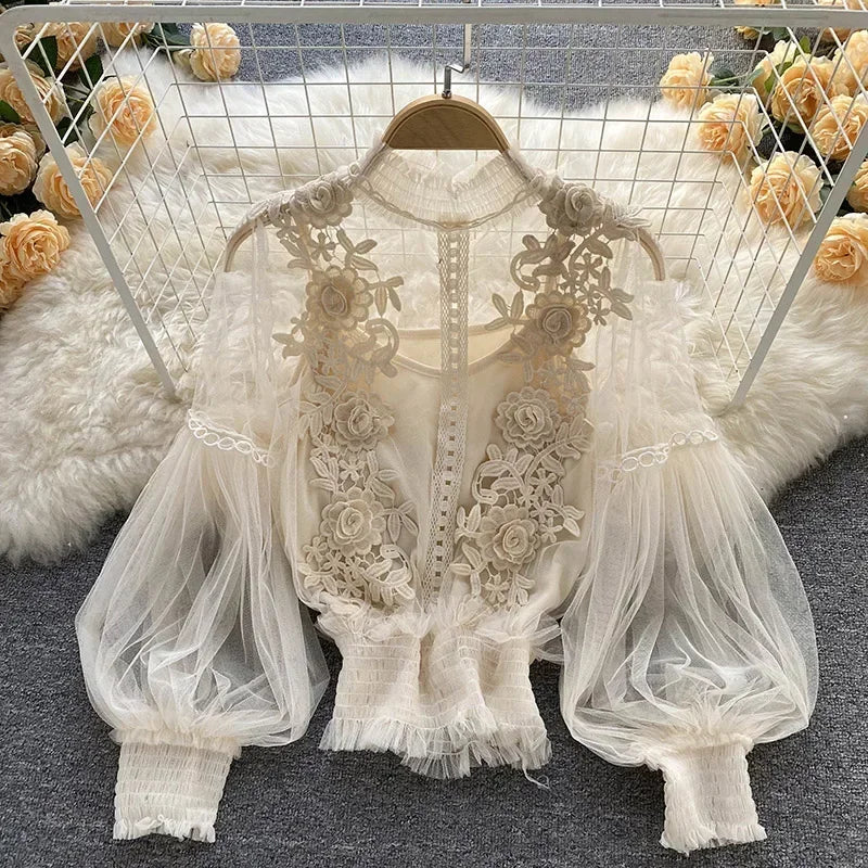 Vintage Lace Puff-Sleeve Blouse
