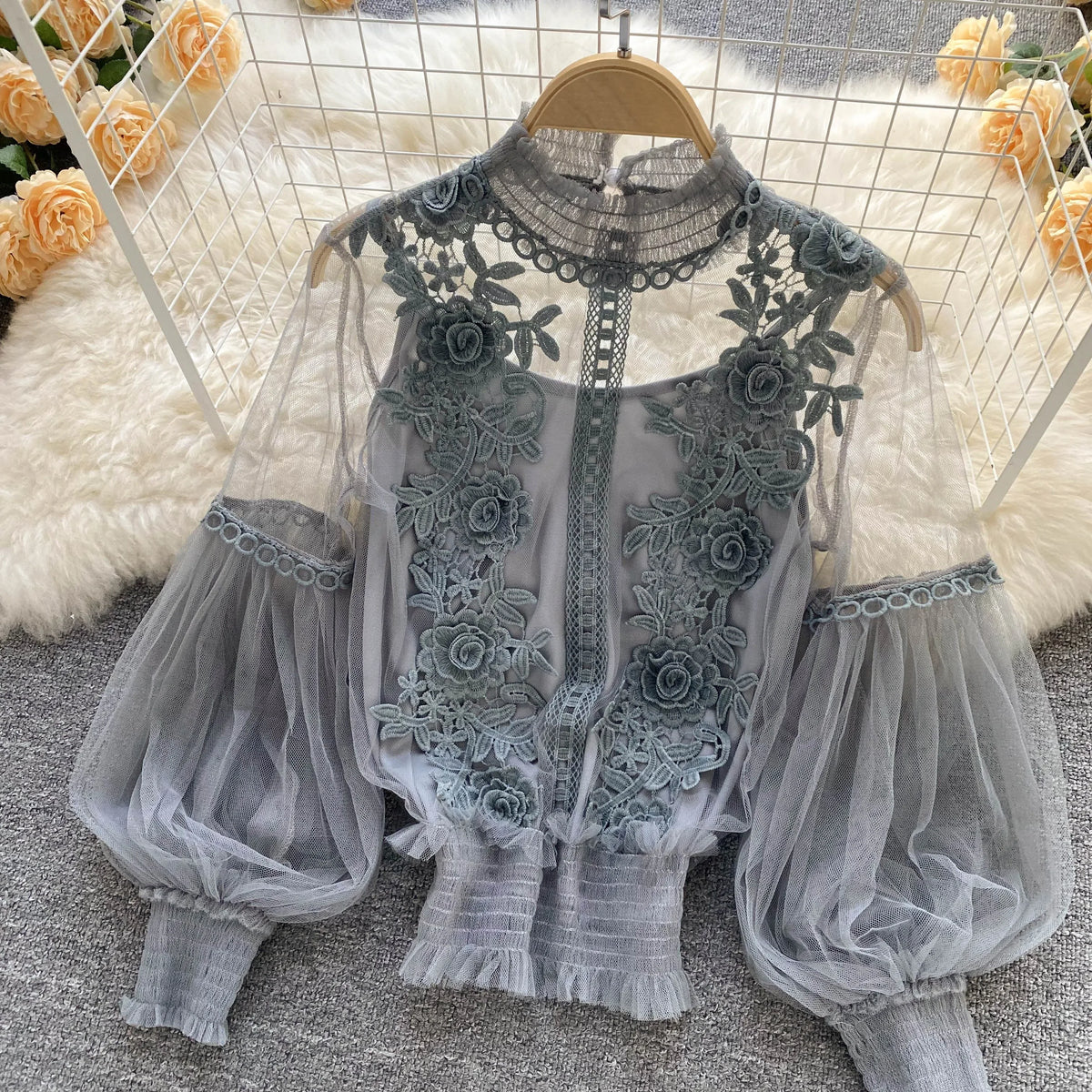 Vintage Lace Puff-Sleeve Blouse