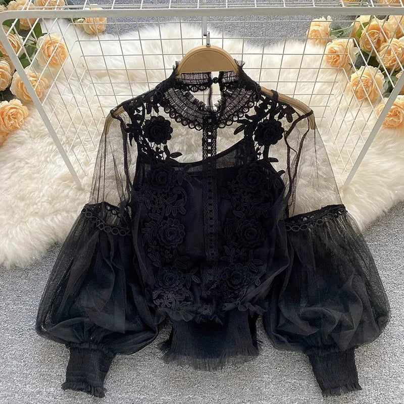 Vintage Lace Puff-Sleeve Blouse