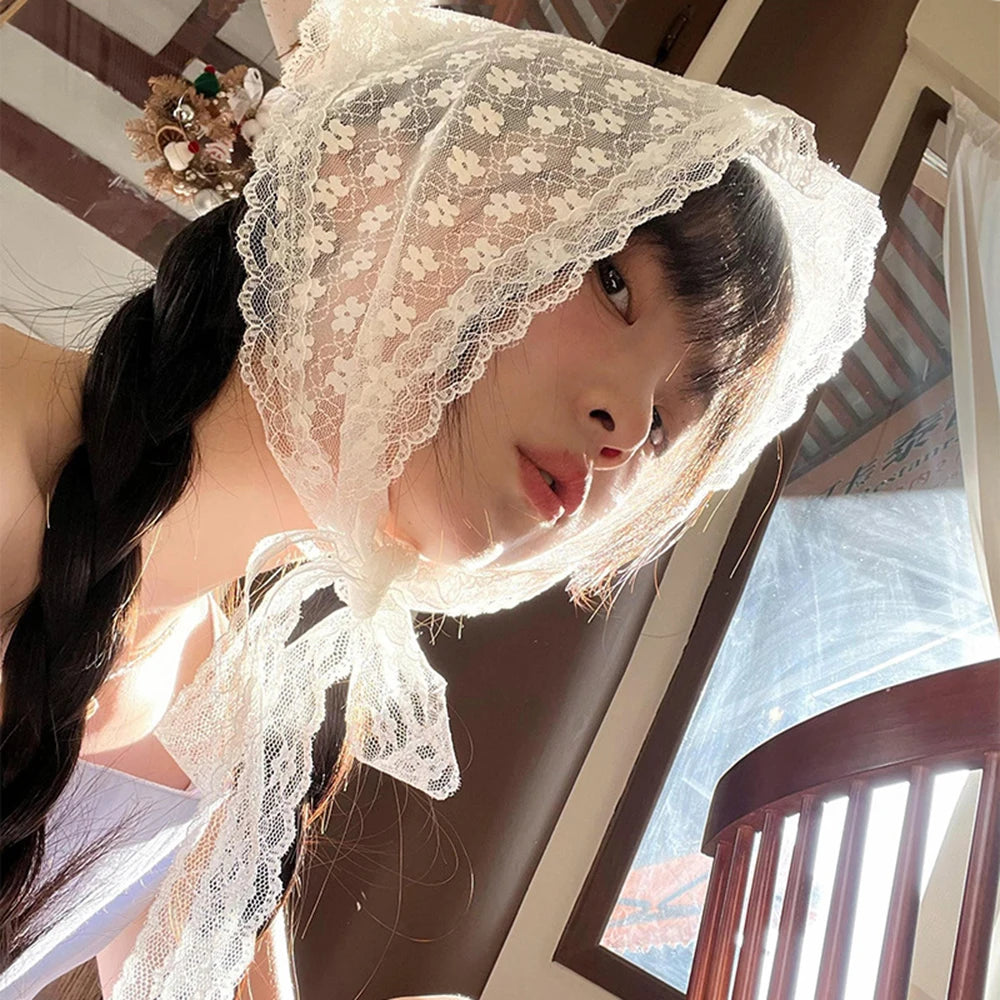 White Floral Lace Triangle Headscarf