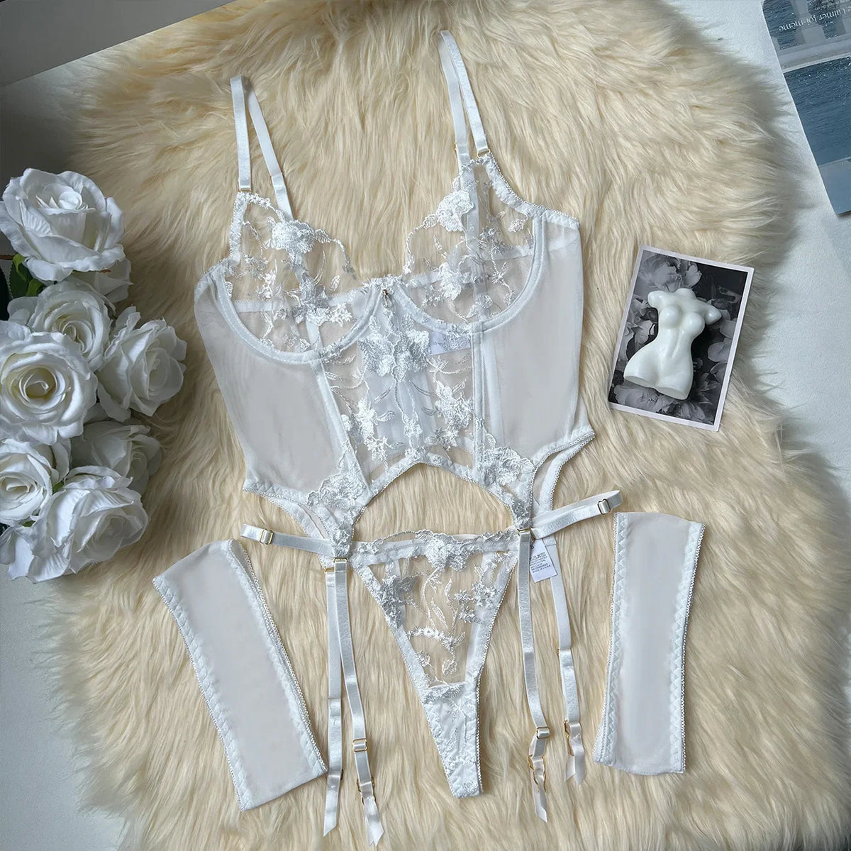 Black Sheer Embroidered Lace Lingerie Set Sizes S to L