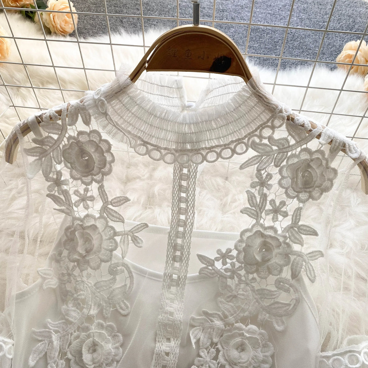 Vintage Lace Puff-Sleeve Blouse