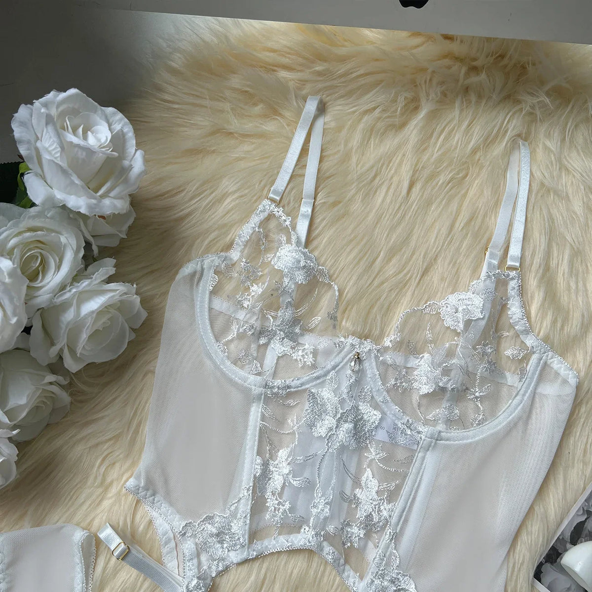Black Sheer Embroidered Lace Lingerie Set Sizes S to L