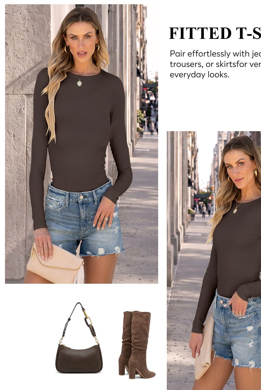 Fashion collage featuring a dark fitted long-sleeve top with denim shorts