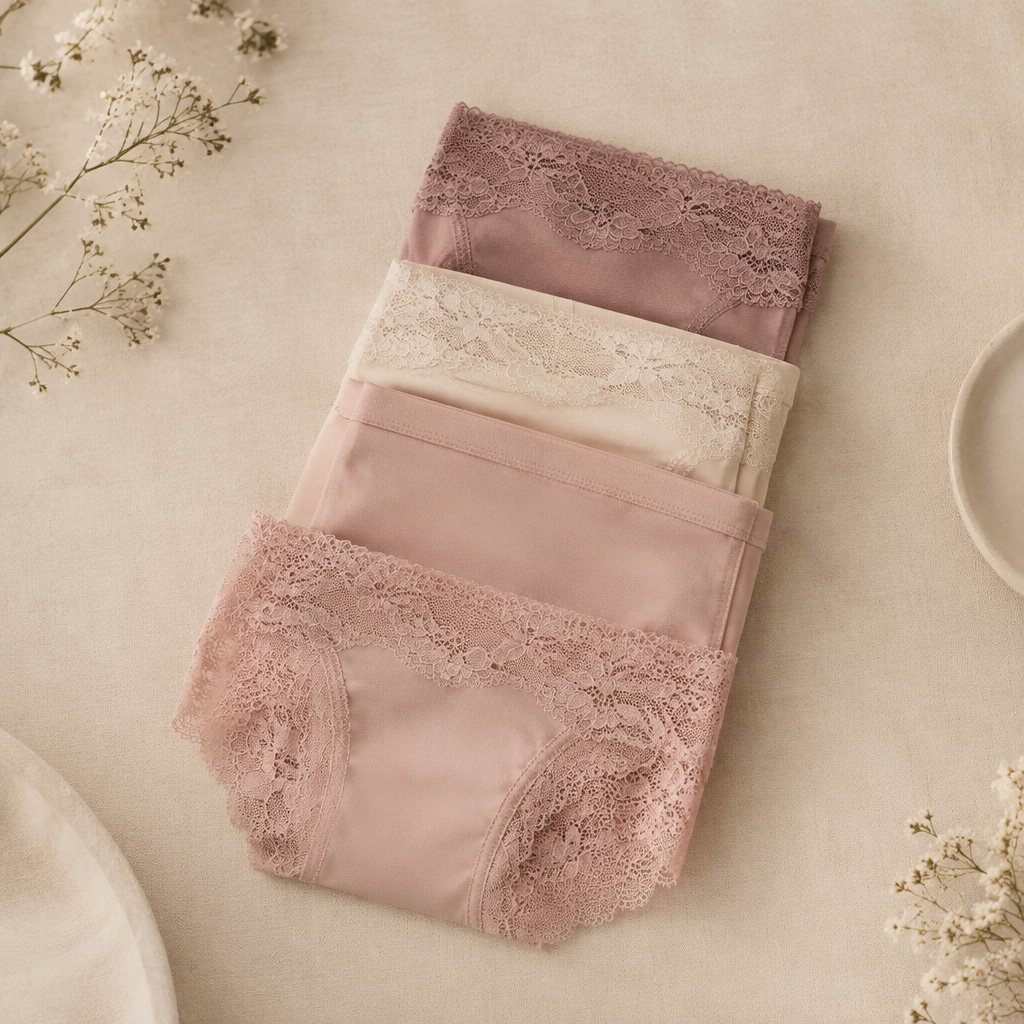 Lingerie Clothing and Accessories featuring lace trim panties in soft pastel colors arranged on a neutral background.