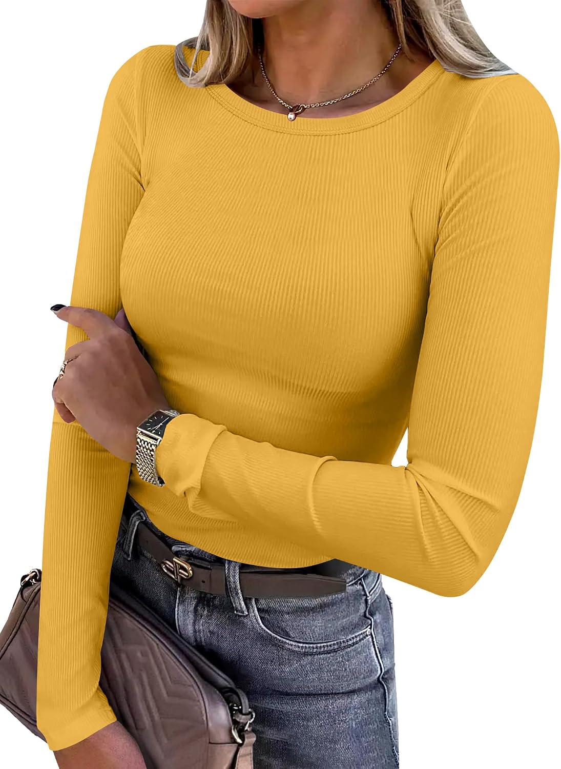 Glow Unbound Women Long Sleeve Shirts Ribbed Fitted Tops