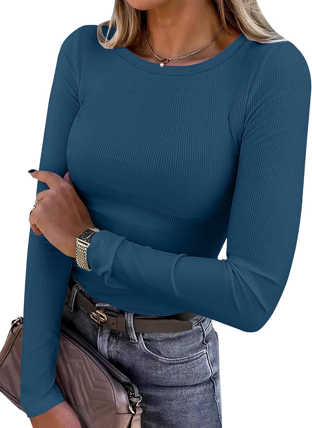 Glow Unbound Women Long Sleeve Shirts Ribbed Fitted Tops