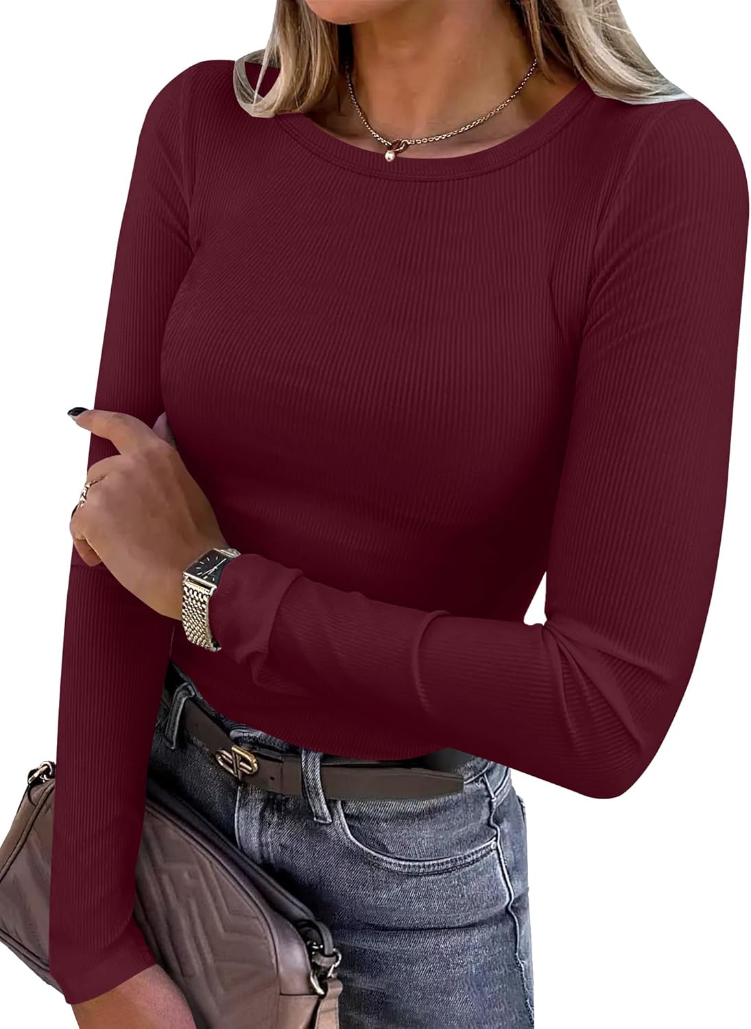 Glow Unbound Women Long Sleeve Shirts Ribbed Fitted Tops