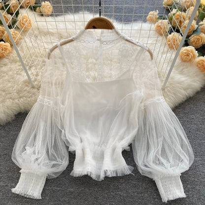 Vintage Lace Puff-Sleeve Blouse 