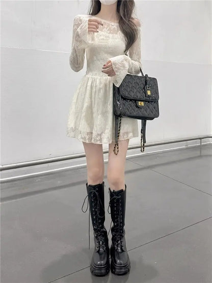 Apricot Lace Off-Shoulder Mini Dress with Flared Long Sleeves