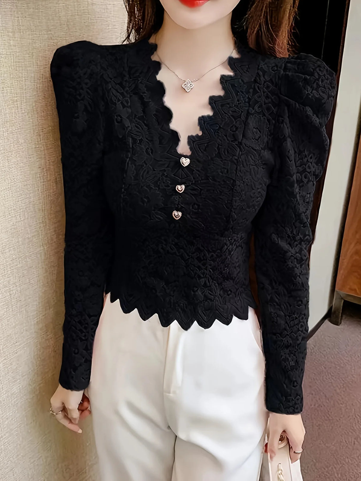 Lace-Trim V-Neck Long-Sleeve Top Slim Fit