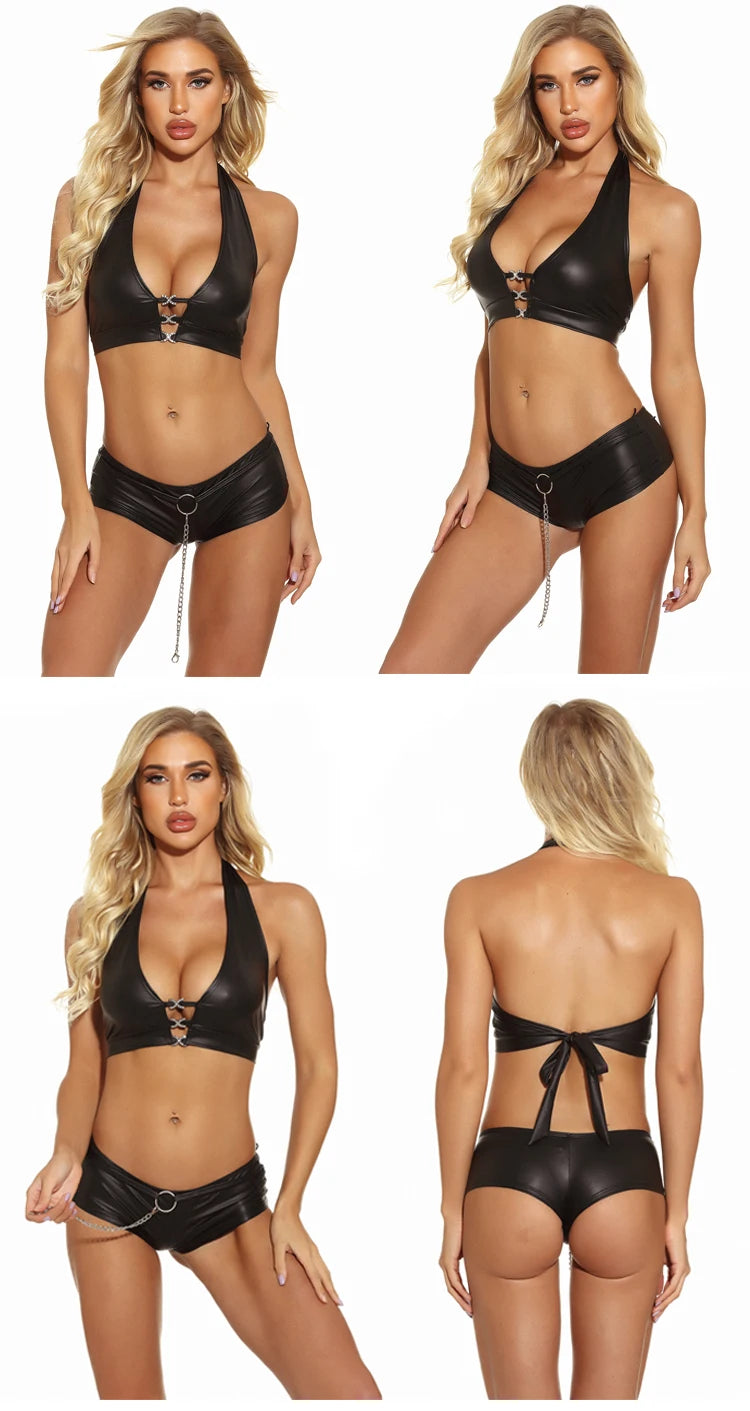 Glow Unbound LLC black faux leather criss-cross bralette
