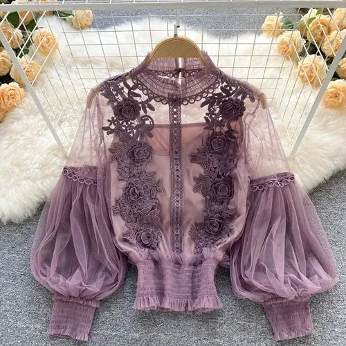 Vintage Lace Puff-Sleeve Blouse 