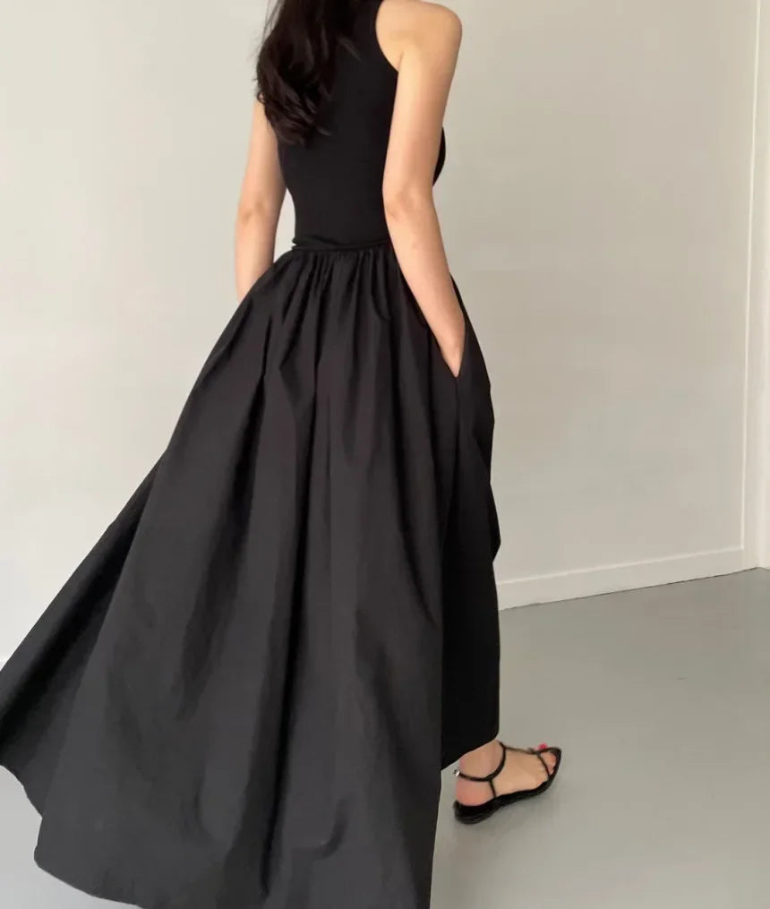 Glow Unbound LLC black midi dress with round neckline