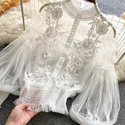 Vintage Lace Puff-Sleeve Blouse 