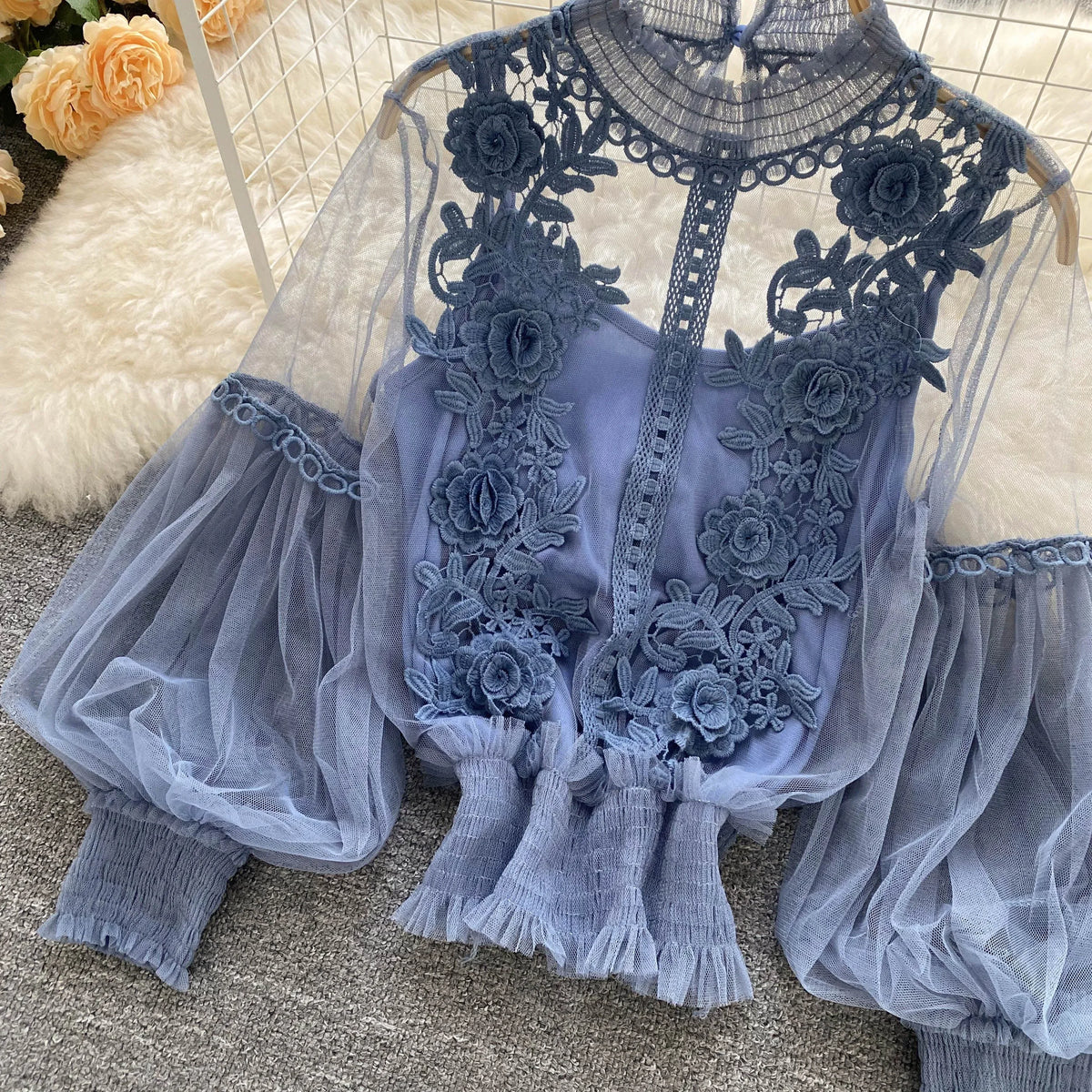Vintage Lace Puff-Sleeve Blouse 