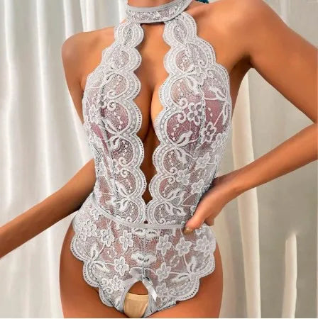 Lace Halter Bodysuit with Open-Crotch &amp; Backless Design