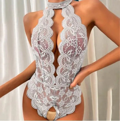 Lace Halter Bodysuit with Open-Crotch &amp; Backless Design