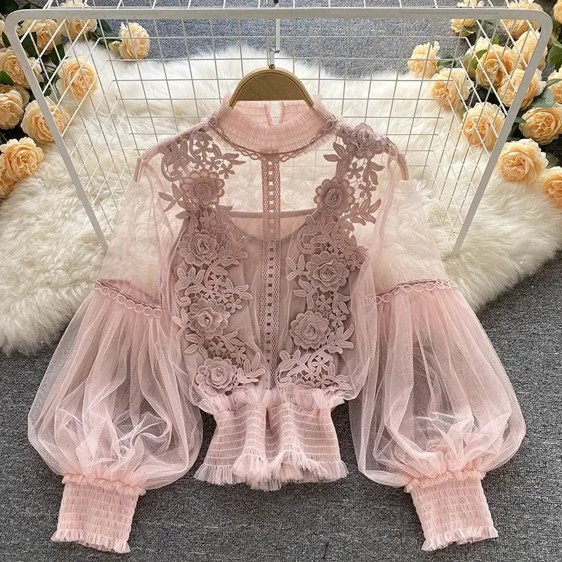 Vintage Lace Puff-Sleeve Blouse 