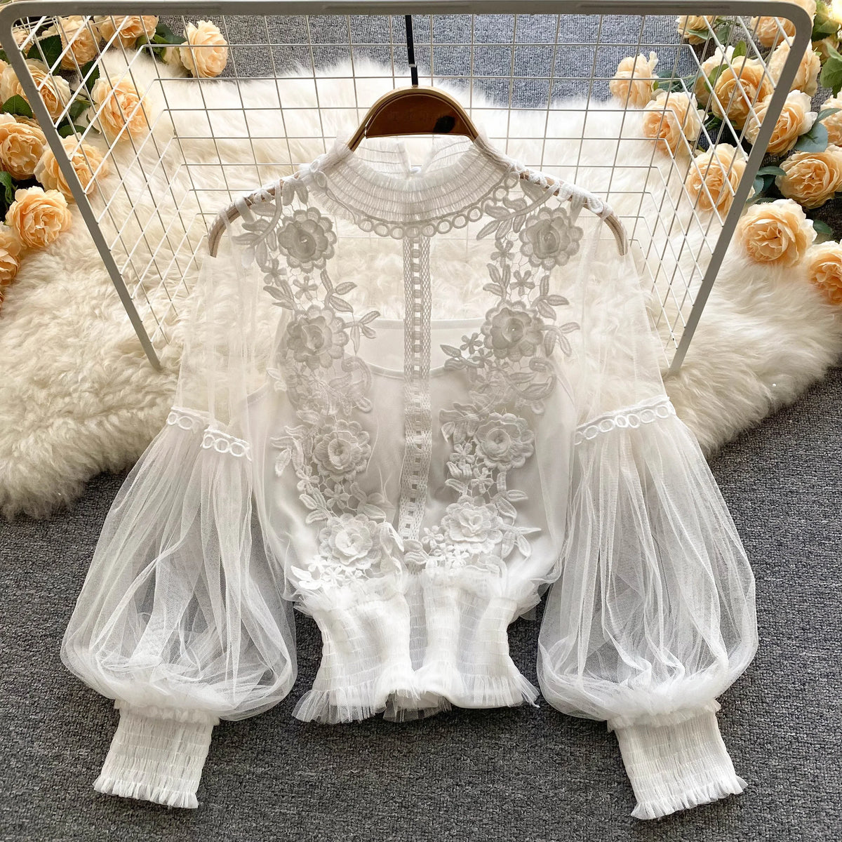 Vintage Lace Puff-Sleeve Blouse with Cami, 9 Colors