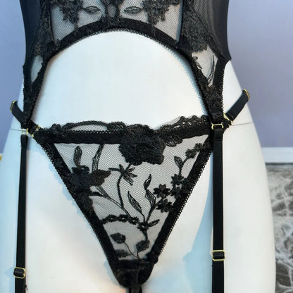 Black Sheer Embroidered Lace Lingerie Set Sizes S to L