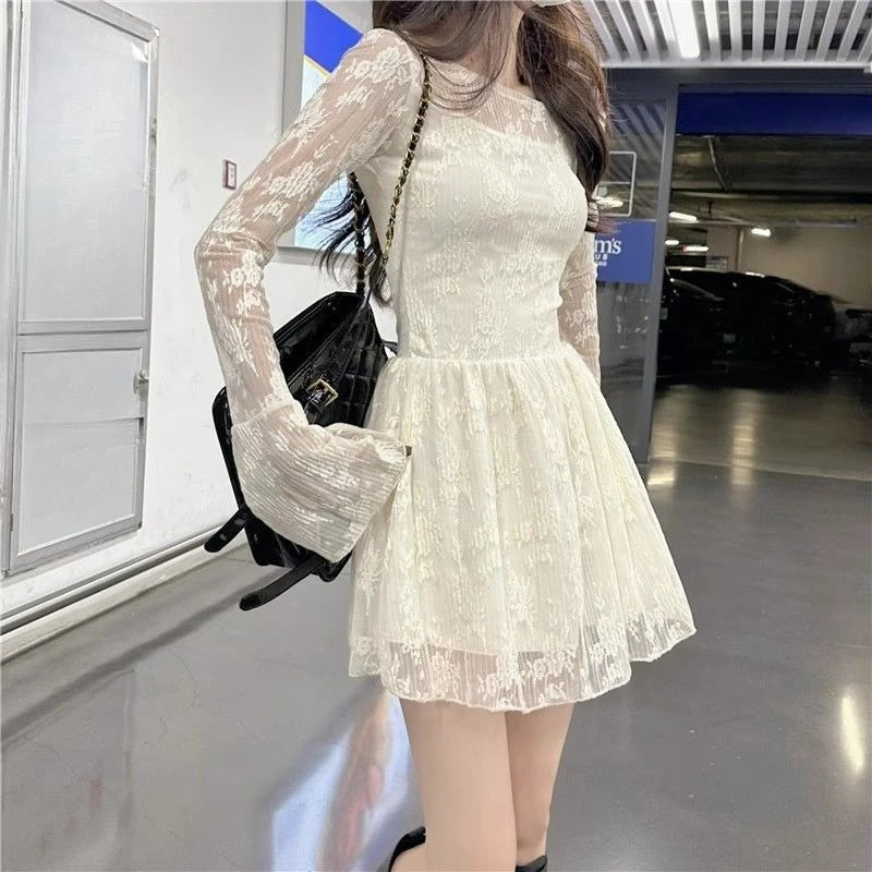 Apricot Lace Off-Shoulder Mini Dress with Flared Long Sleeves