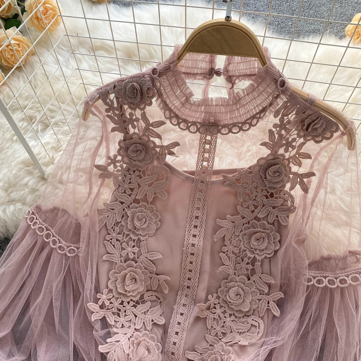 Vintage Lace Puff-Sleeve Blouse 