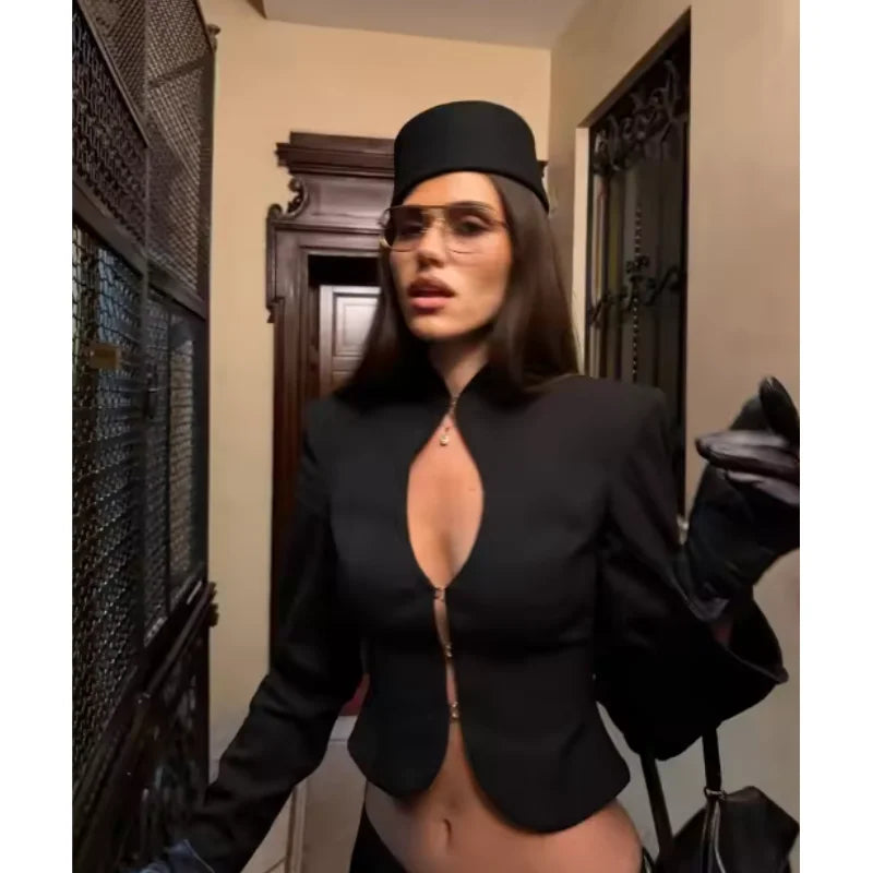 Glow Unbound LLC black cut-out stand collar blouse