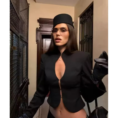 Glow Unbound LLC black cut-out stand collar blouse