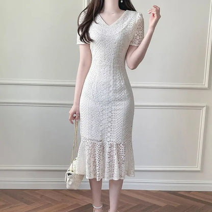 White Lace Fishtail Midi Dress, Slim Fit