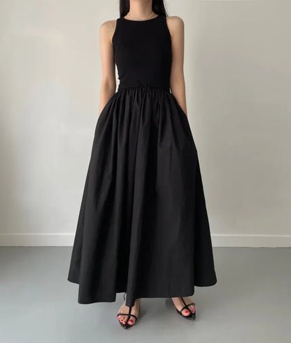 Glow Unbound LLC black midi dress with round neckline